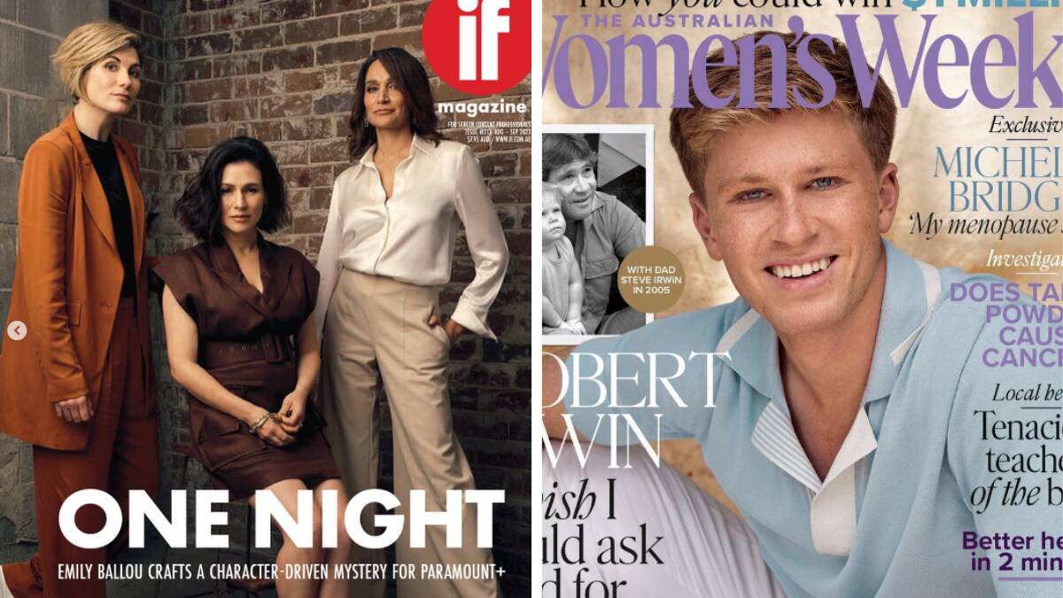 Some of Tim Wall's publicist credits, the cast from One Night in IF magazine (left) and Robert Irwin from I'm A Celebrity... in the Australian Women's Weekly. Pictures from Instagram @timfwall