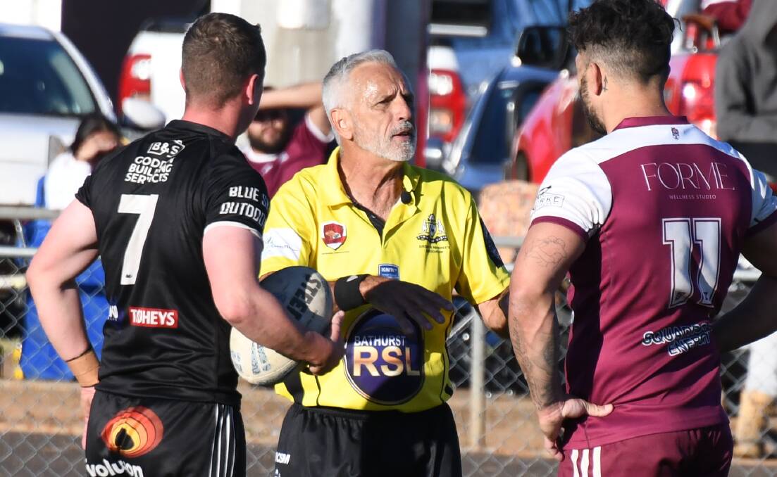 Referee Willy Barnes speaks to Forbes and Wellington first grade captains Nick Greenhalgh (left) and Justin Toomey-White earlier this season. Picture by Nick Guthrie