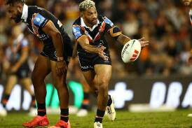 Apisai Koroisau in action for Wests Tigers in their round eight loss to the Broncos. (Brett Costello/AAP PHOTOS)